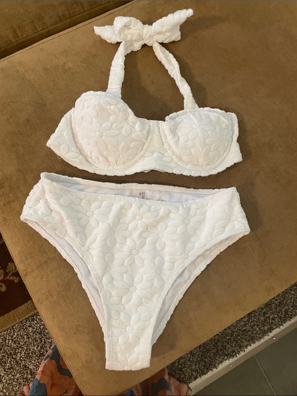 White Floral Textured Halter Bikini Set with Underwire Support